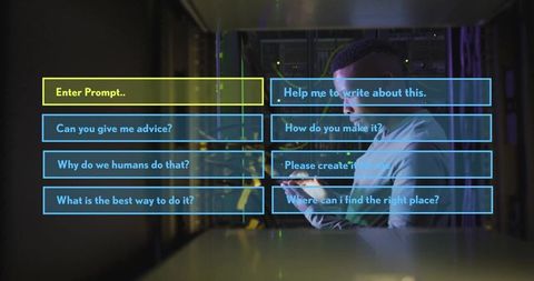 Holographic AI Prompt Menu Over IT Engineer in Server Room for Chatbot UX and Data Center Tech