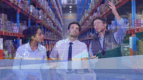 Diverse Team Analyzing Data in High-Tech Warehouse