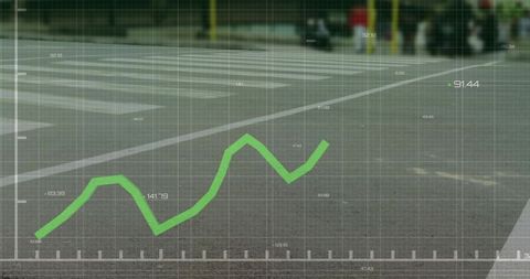Urban crosswalk analytics overlay showing green growth line on city street grid visualization