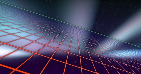 Futuristic grid with neon lights and lens flares