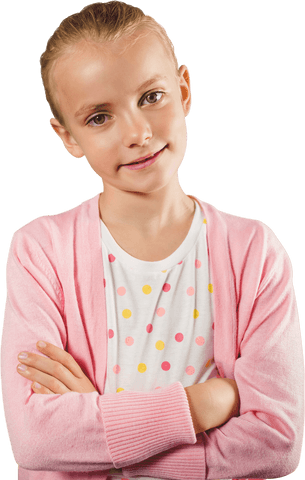 Confident Young Girl in Pink Cardigan Transparent Background
