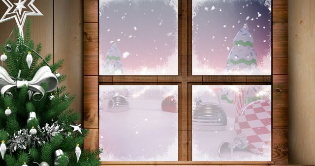 Rustic Christmas Window with Snow Falling on Festive Decorations - Download Free Stock Images Pikwizard.com