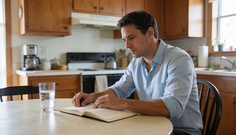 Man journaling at kitchen table in morning light, calm domestic lifestyle and reflection
