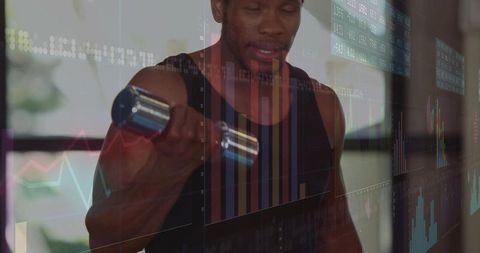 Man lifting chrome dumbbell with overlaid financial charts and fitness analytics