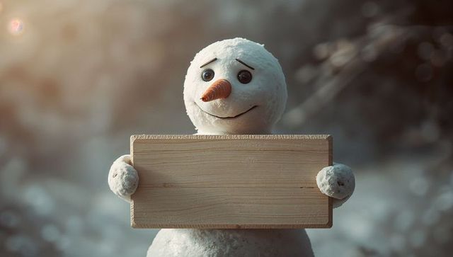 Smiling Snowman Holding Blank Sign in Winter Woodland