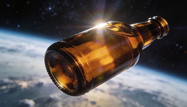 Amber beer bottle floating above earth with sun flare and glass reflections in orbit