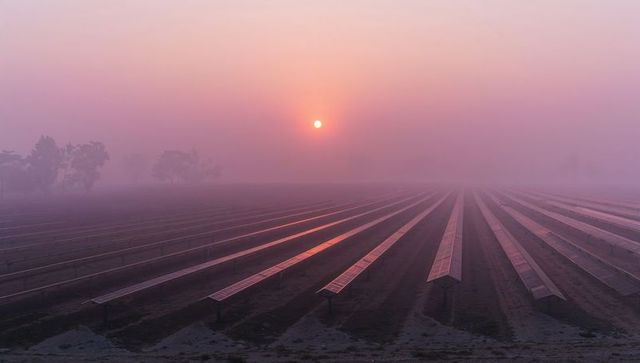 Pink sunrise reflecting on ground-mounted solar arrays across misty rural farmland
