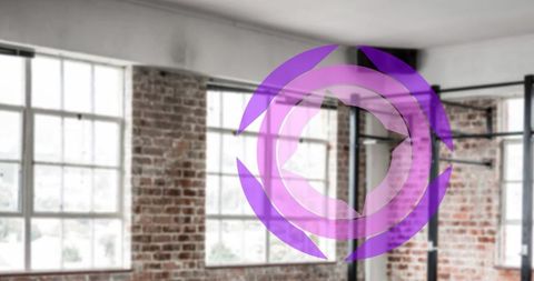 Digital animation with purple spinning circles in industrial gym setting