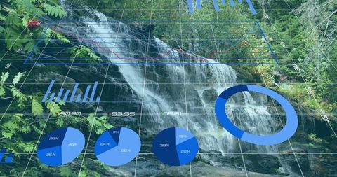 Digital analytics overlaid on flowing waterfall in dense forest