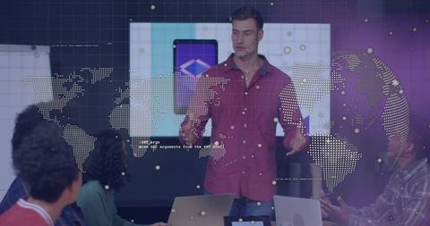 Leading team presenting mobile app strategy in modern tech meeting with global map overlay