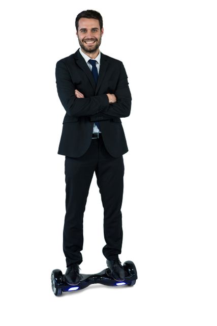 Portrait of businessman on hoverboard on white background