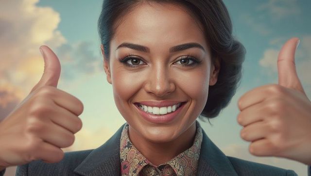 Confident Businesswoman Giving Thumbs-Up Signs with Bright Smile