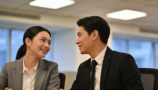Smiling asian business professionals discussing strategy in modern corporate office
