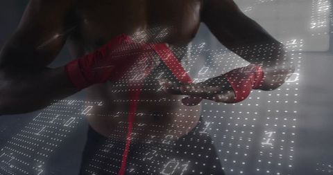 Digital Athlete Wrapping Hands with Overlay of Binary Code