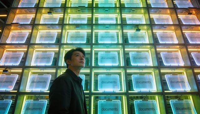 Contemplative man standing before illuminated modular documents grid installation