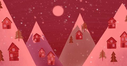 Festive snowfall over scenic winter village