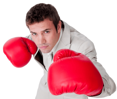 Transparent businessman leaning in boxing stance with red gloves