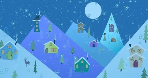 Tranquil winter wonderland with snowy cottages and full moon