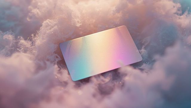 Iridescent Metallic Panel Amid Dreamy Pastel Clouds