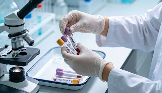 Lab technician holding labeled blood vials near microscope for clinical diagnostics