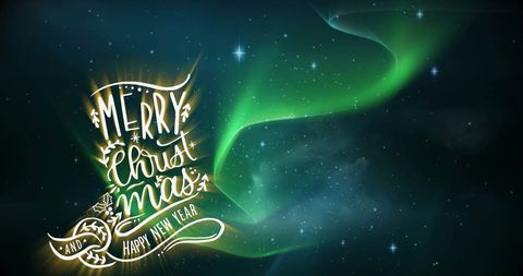 Merry Christmas Greeting with Northern Lights and Starry Sky