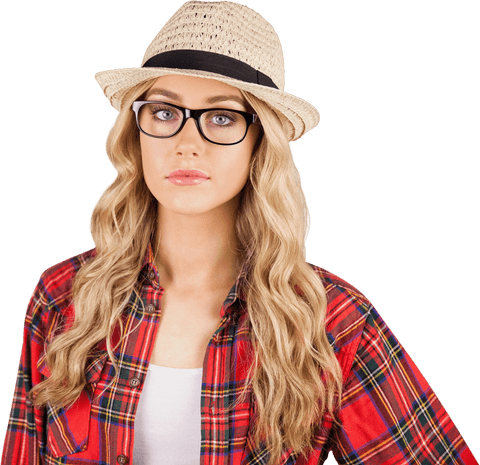 Confident Blonde Woman Wearing Glasses and Hat on Transparent Background