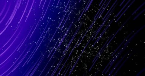 Glowing network connecting white nodes with violet light trails across cosmic black field