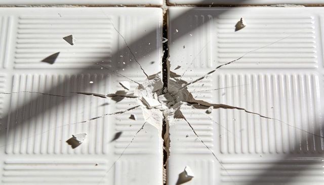 White ceramic tile showing impact crater and radial cracks at grout junction with debris