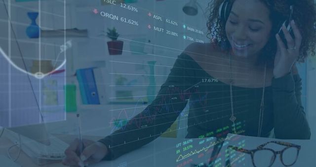 Woman Analyzing Financial Charts in Modern Home Workspace