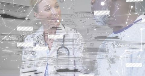 Female doctor consulting patient with digital medical data overlay in clinic