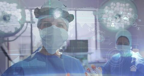 Surgeon performing complex surgery using augmented reality visualization and data overlays