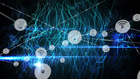 Abstract Network Connections with Technology Icons Overlay