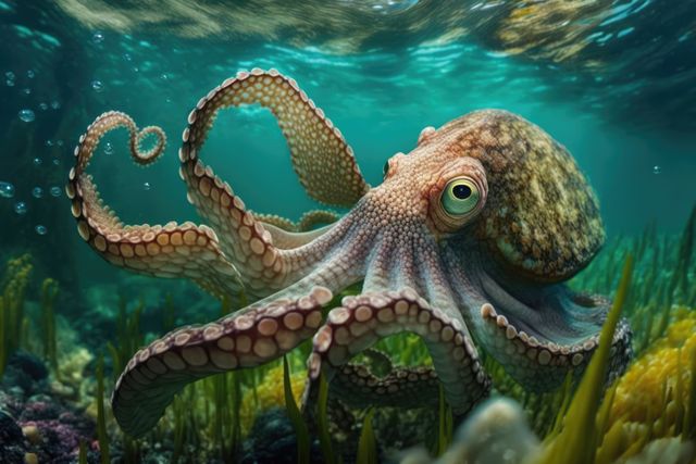 Octopus gracefully swimming underwater near vibrant seaweed and coral reef, showcasing its tentacles. Perfect for marine biology content, environmental blogs, underwater adventure themes, and educational materials on ocean life.