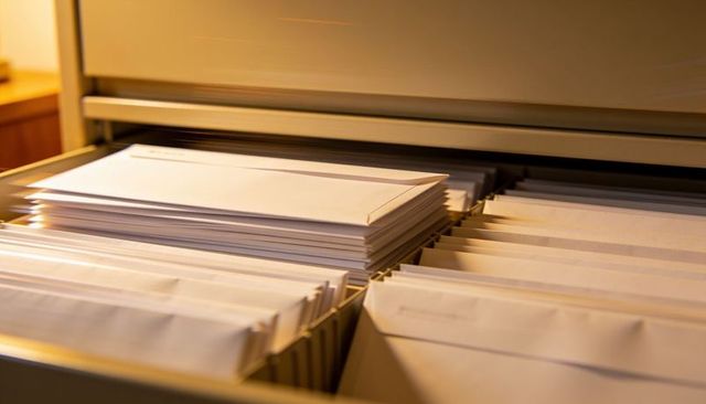 Organizing office mailroom stacked white envelopes in hanging file drawer under warm lamp