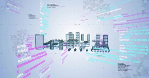 Floating 3d wireframe model with digital code elements in virtual grid