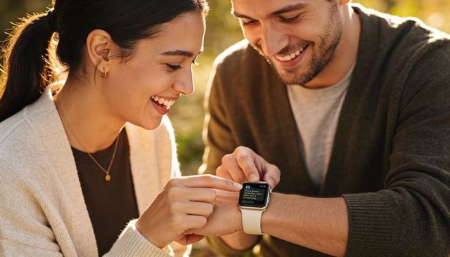 Smiling young couple checking smartwatch together outdoors during golden hour romance