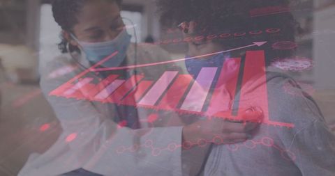 Doctor & child patient with medical technology interface during pandemic