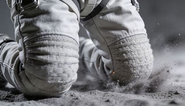 Astronaut Kneeling, Pressing Quilted Knee Pads into Moon Regolith, Kicking Up Lunar Dust
