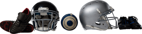 Illustration of football helmets, shoes, and ball on transparent background offers a clean, isolated presentation of essential sports gear. Ideal for use in sports-related designs, advertising campaigns, or educational materials discussing football equipment and safety standards. Suitable for including in graphics projects needing easily separable layers.