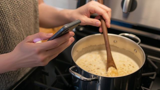 Home cook stirring creamy risotto on stovetop while checking recipe on phone