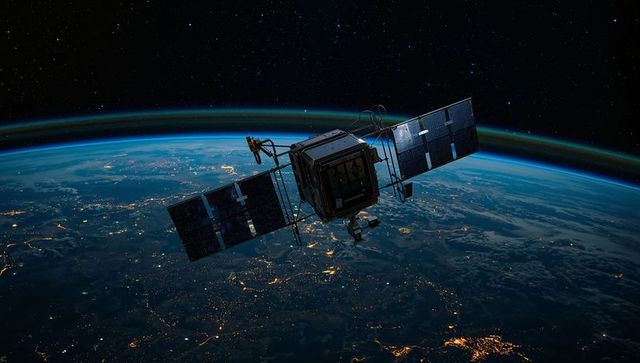 Orbiting cubesat above earth night limb showing aurora glow, solar panels and night lights