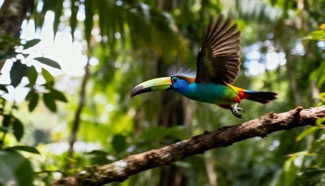 Vibrant toucan taking flight over mossy branch in tropical rainforest canopy