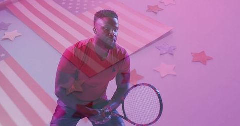 Dynamic Tennis Player With American Flag and Stars Background