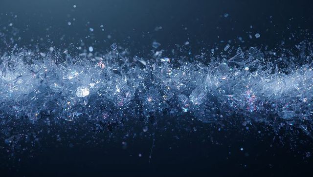 Shimmering crystalline band stretching across deep blue backdrop with iridescent shards