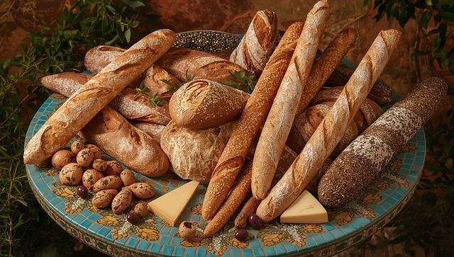 Rustic artisan bread assortment displaying crusty baguettes, boules, seeded loaves, cheese