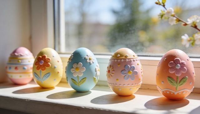 Handpainted pastel easter eggs resting on sunlit windowsill with floral decorations