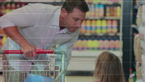 Father and Daughter Shopping with Superimposed Stock Market Graphs
