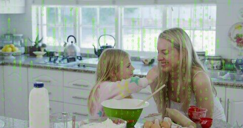 Mother and daughter baking together in bright kitchen with digital data matrix overlay