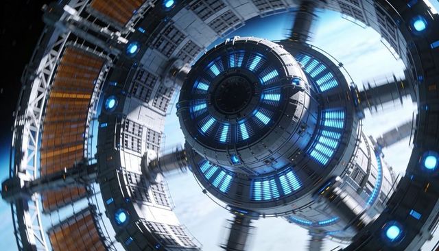 Rotating orbital fusion hub with glowing blue reactor and torus solar array, futuristic