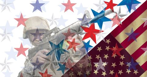 Composite of Soldier with American Flag and Stars Symbolizing Patriotism